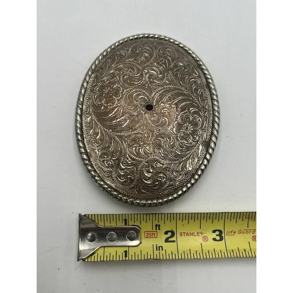 Vintage Western Floral Scroll Belt Buckle Silver Tone Rope Edge Made in USA